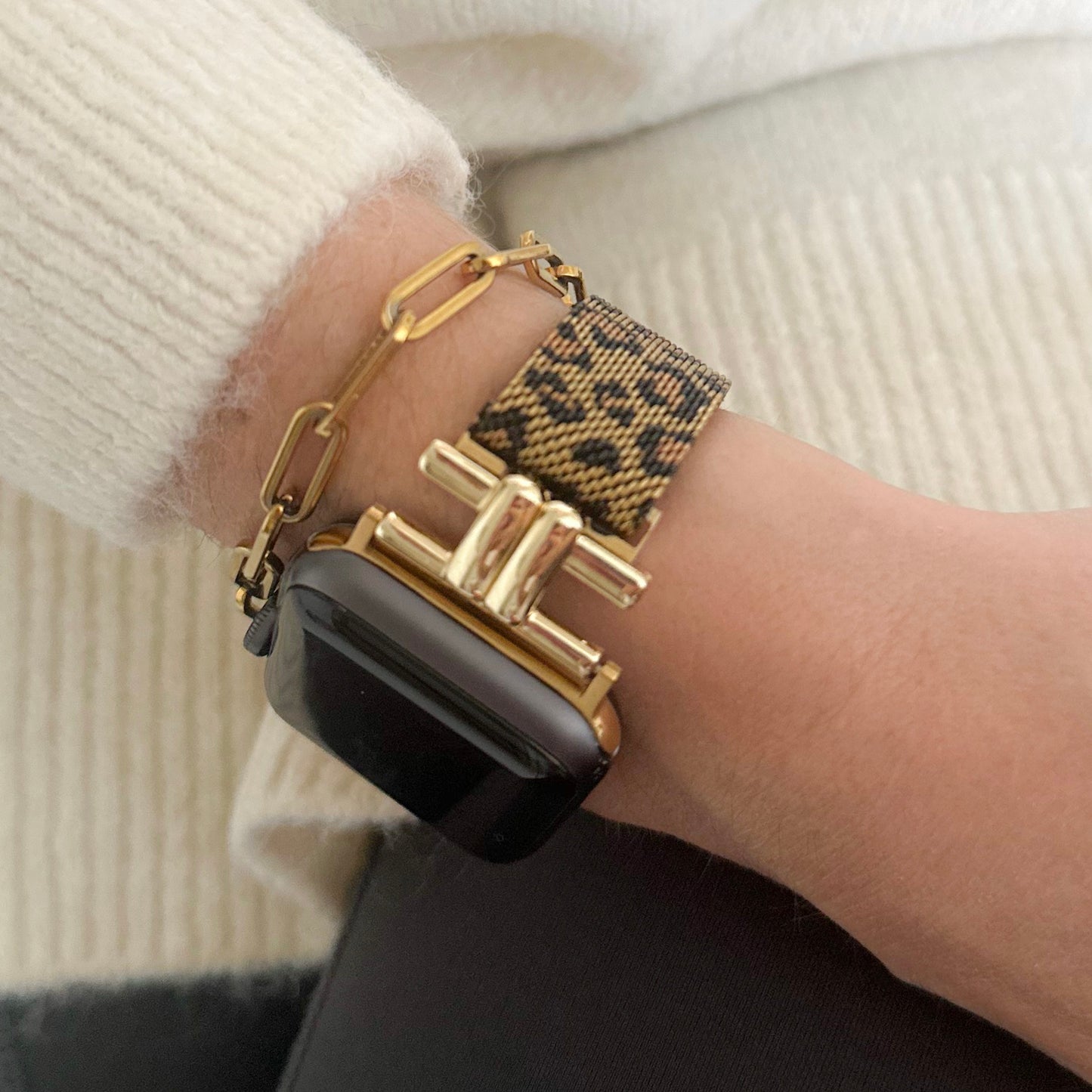 LILY STAINLESS STEEL APPLE WATCH STRAP - LEOPARD